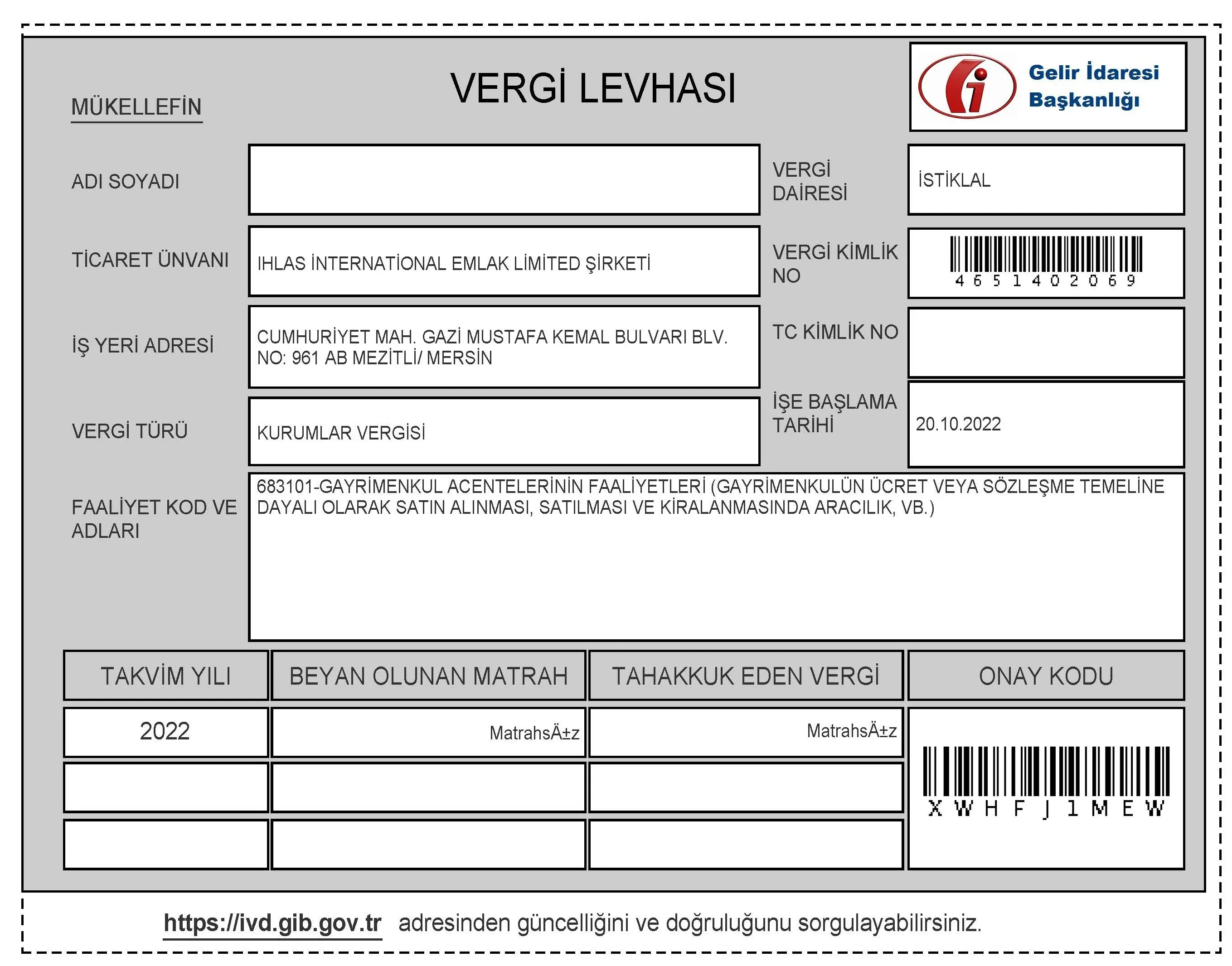 Vergi Levhası — налоговая карточка
