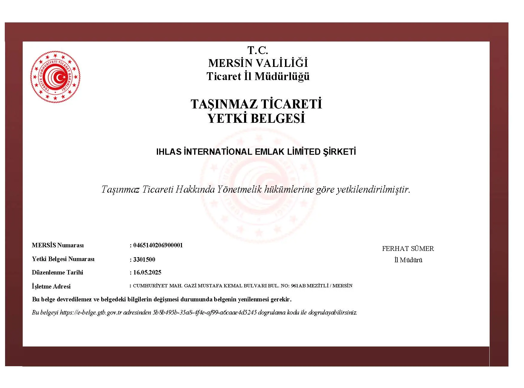 Yetki Belgesi — разрешение на деятельность